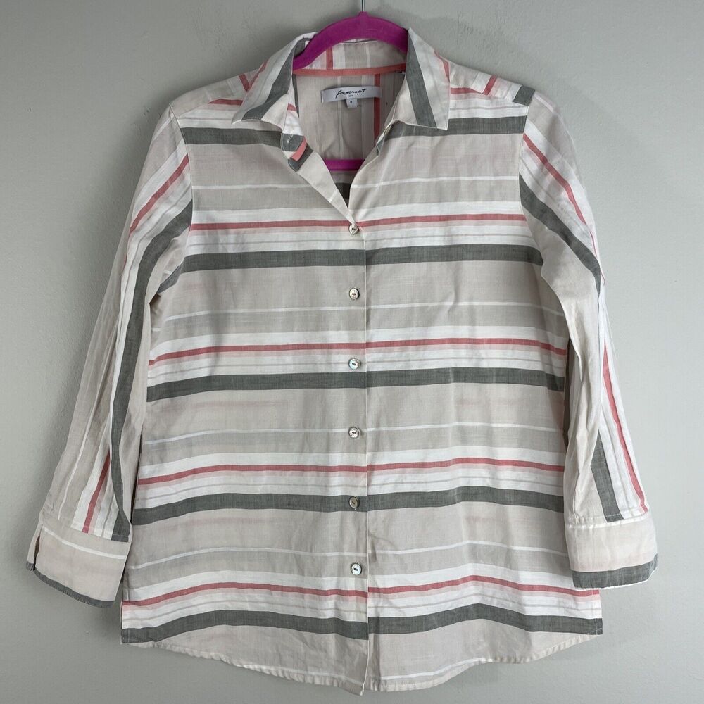 FOXCROFT NYC Women’s 8 Button Front Blouse Cotton Linen 3/4 Sleeves Striped Top